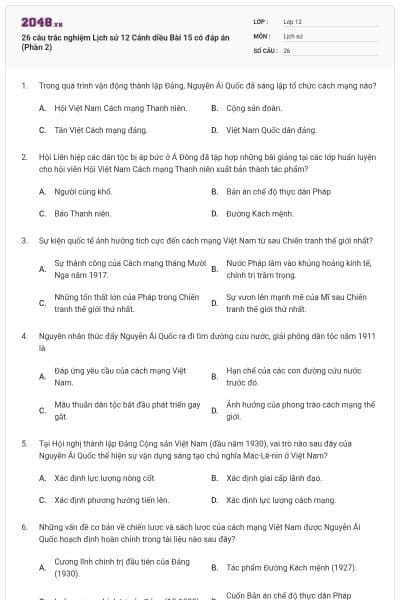26 câu trắc nghiệm Lịch sử 12 Cánh diều Bài 15 có đáp án (Phần 2)