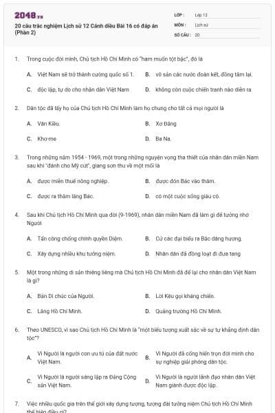 20 câu trắc nghiệm Lịch sử 12 Cánh diều Bài 16 có đáp án (Phần 2)