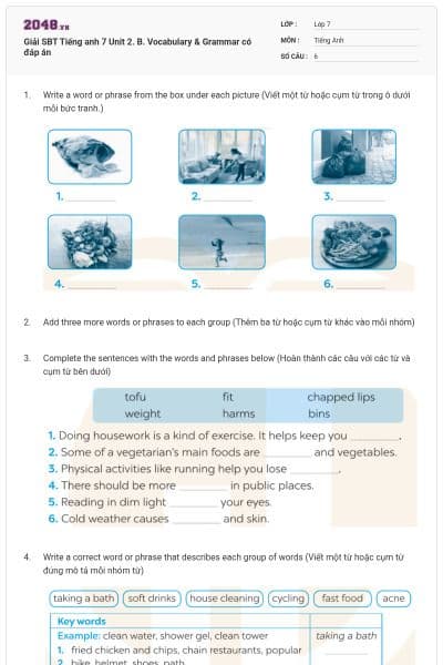 Giải SBT Tiếng anh 7 Unit 2. B. Vocabulary & Grammar có đáp án