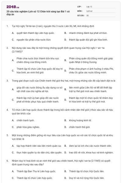 20 câu trắc nghiệm Lịch sử 12 Chân trời sáng tạo Bài 1 có đáp án