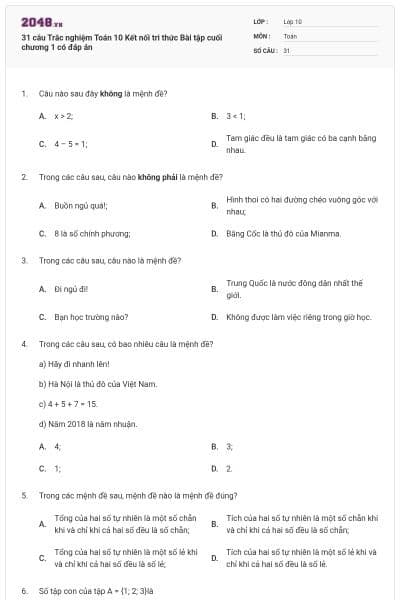 31 câu Trắc nghiệm Toán 10 Kết nối tri thức Bài tập cuối chương 1 có đáp án