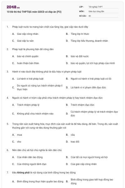 10 Đề thi thử THPTQG môn GDCD có đáp án (P3)
