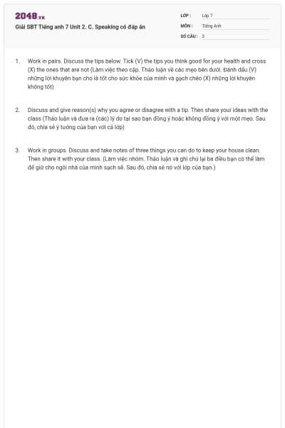 Giải SBT Tiếng anh 7 Unit 2. C. Speaking có đáp án