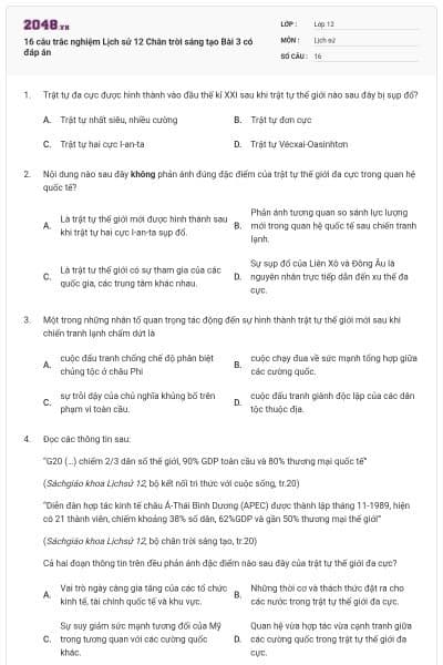 16 câu trắc nghiệm Lịch sử 12 Chân trời sáng tạo Bài 3 có đáp án