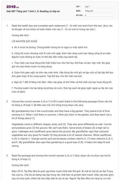 Giải SBT Tiếng anh 7 Unit 2. D. Reading có đáp án
