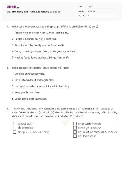 Giải SBT Tiếng anh 7 Unit 2. E. Writing có đáp án