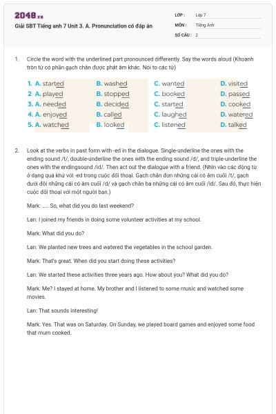 Giải SBT Tiếng anh 7 Unit 3. A. Pronunciation có đáp án