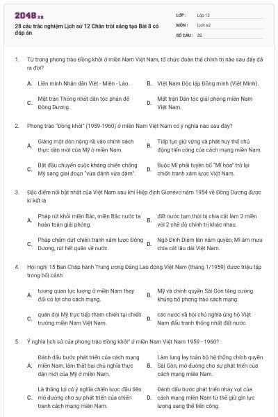 28 câu trắc nghiệm Lịch sử 12 Chân trời sáng tạo Bài 8 có đáp án