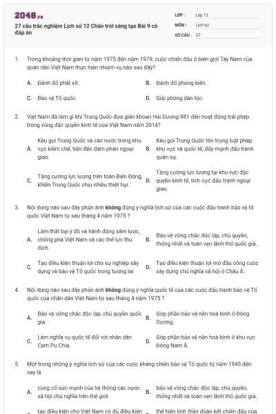 27 câu trắc nghiệm Lịch sử 12 Chân trời sáng tạo Bài 9 có đáp án