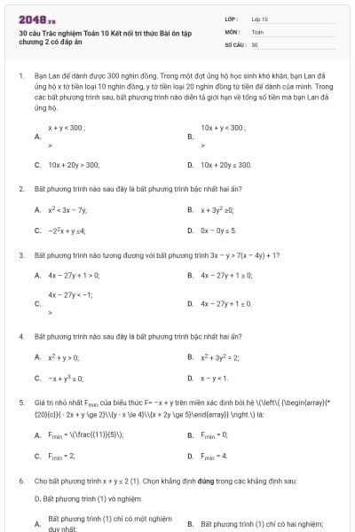 30 câu Trắc nghiệm Toán 10 Kết nối tri thức Bài ôn tập chương 2 có đáp án
