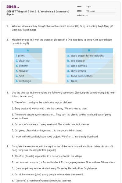 Giải SBT Tiếng anh 7 Unit 3. B. Vocabulary & Grammar có đáp án