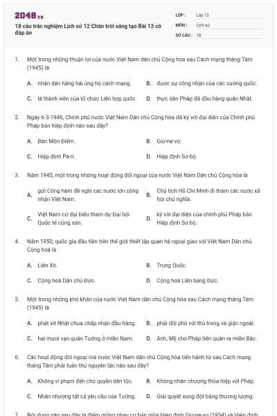 18 câu trắc nghiệm Lịch sử 12 Chân trời sáng tạo Bài 13 có đáp án