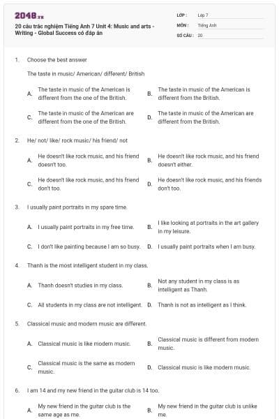 20 câu trắc nghiệm Tiếng Anh 7 Unit 4: Music and arts - Writing - Global Success có đáp án
