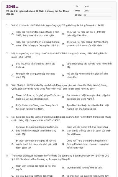 28 câu trắc nghiệm Lịch sử 12 Chân trời sáng tạo Bài 15 có đáp án