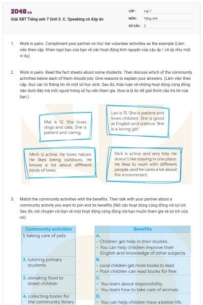Giải SBT Tiếng anh 7 Unit 3. C. Speaking có đáp án