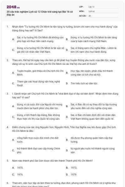 20 câu trắc nghiệm Lịch sử 12 Chân trời sáng tạo Bài 16 có đáp án