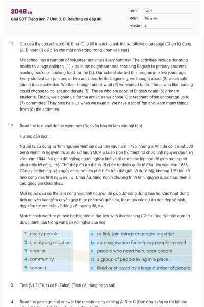 Giải SBT Tiếng anh 7 Unit 3. D. Reading có đáp án