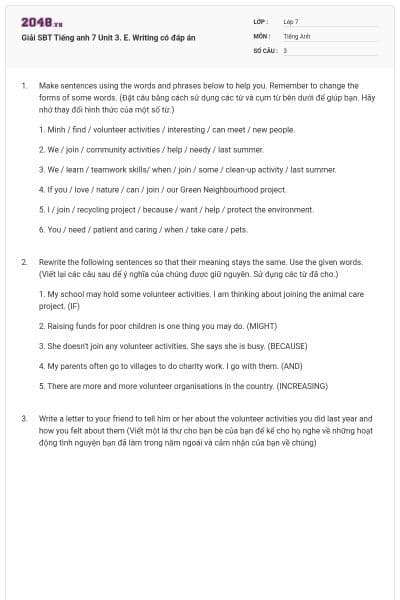Giải SBT Tiếng anh 7 Unit 3. E. Writing có đáp án