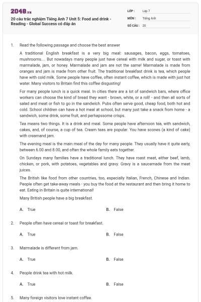 20 câu trắc nghiệm Tiếng Anh 7 Unit 5: Food and drink - Reading - Global Success có đáp án