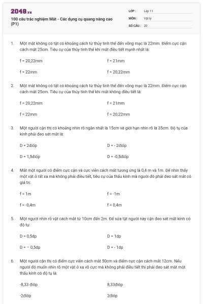 100 câu trắc nghiệm Mắt - Các dụng cụ quang nâng cao (P1)