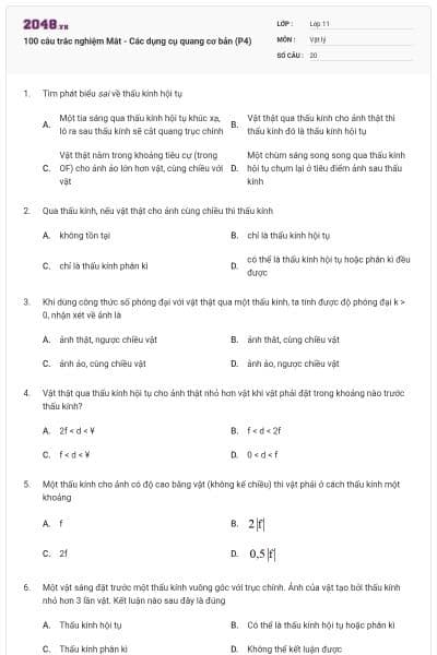 100 câu trắc nghiệm Mắt - Các dụng cụ quang cơ bản (P4)
