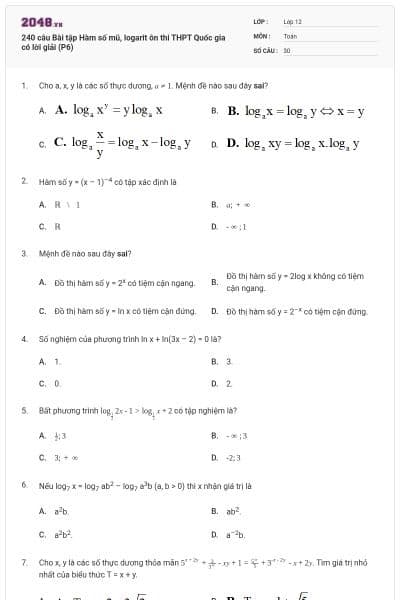 240 câu Bài tập Hàm số mũ, logarit ôn thi THPT Quốc gia có lời giải (P6)