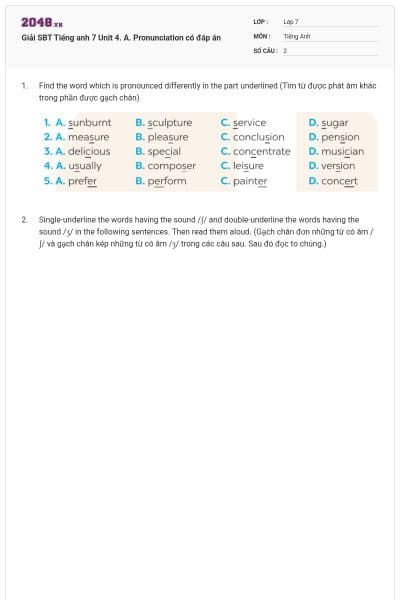 Giải SBT Tiếng anh 7 Unit 4. A. Pronunciation có đáp án