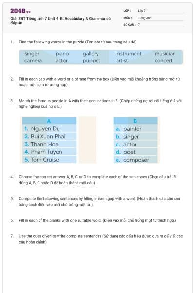 Giải SBT Tiếng anh 7 Unit 4. B. Vocabulary & Grammar có đáp án