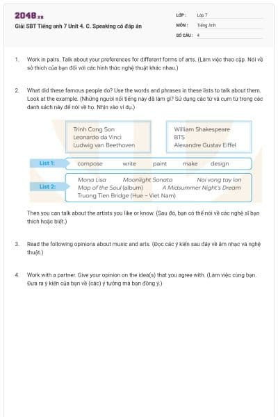 Giải SBT Tiếng anh 7 Unit 4. C. Speaking có đáp án
