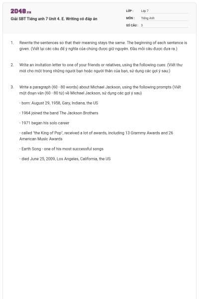 Giải SBT Tiếng anh 7 Unit 4. E. Writing có đáp án