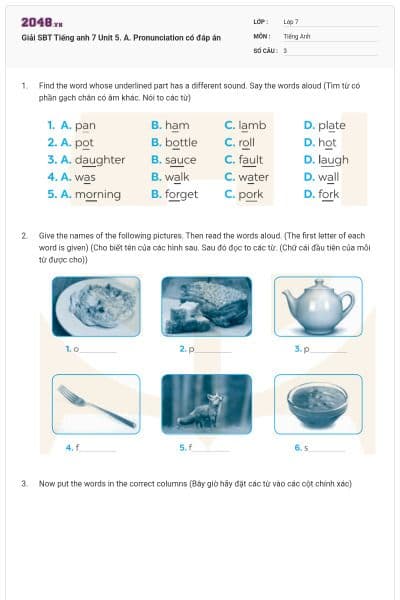 Giải SBT Tiếng anh 7 Unit 5. A. Pronunciation có đáp án