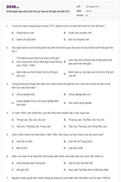 8 Đề luyện tập môn Lịch Sử cực hay có lời giải chi tiết (P1)