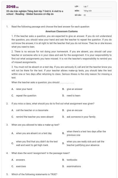 20 câu trắc nghiệm Tiếng Anh lớp 7 Unit 6: A visit to a school - Reading - Global Success có đáp án