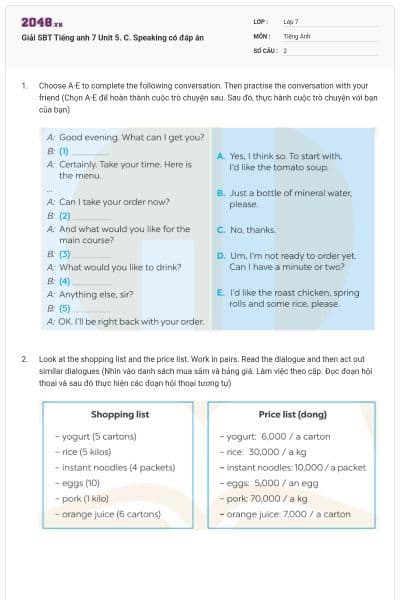 Giải SBT Tiếng anh 7 Unit 5. C. Speaking có đáp án