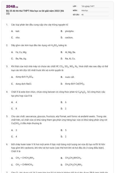 Bộ 25 đề thi thử THPT Hóa học cơ lời giải năm 2022 (Đề 22)