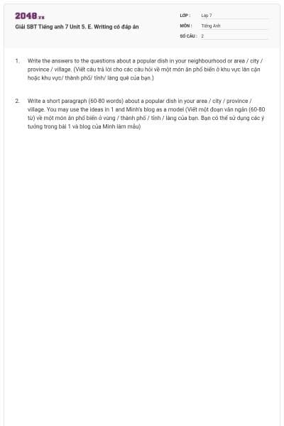 Giải SBT Tiếng anh 7 Unit 5. E. Writing có đáp án