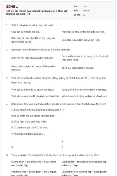 425 Bài tập chuyển hóa vật chất và năng lượng ở Thực vật (mức độ vận dụng) (P8)
