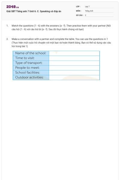 Giải SBT Tiếng anh 7 Unit 6. C. Speaking có đáp án