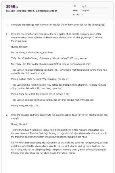 Giải SBT Tiếng anh 7 Unit 6. D. Reading có đáp án