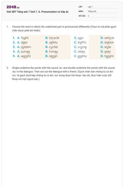 Giải SBT Tiếng anh 7 Unit 7. A. Pronunciation có đáp án