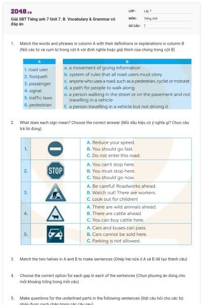 Giải SBT Tiếng anh 7 Unit 7. B. Vocabulary & Grammar có đáp án