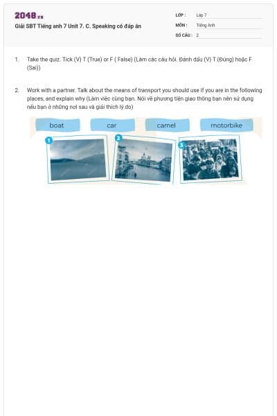Giải SBT Tiếng anh 7 Unit 7. C. Speaking có đáp án