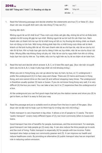 Giải SBT Tiếng anh 7 Unit 7. D. Reading có đáp án