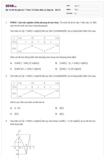 Bộ 10 đề thi giữa kì 1 Toán 12 Cánh diều có đáp án - Đề 01