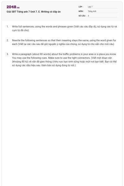 Giải SBT Tiếng anh 7 Unit 7. E. Writing có đáp án