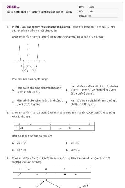 Bộ 10 đề thi giữa kì 1 Toán 12 Cánh diều có đáp án - Đề 02