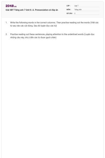 Giải SBT Tiếng anh 7 Unit 8. A. Pronunciation có đáp án