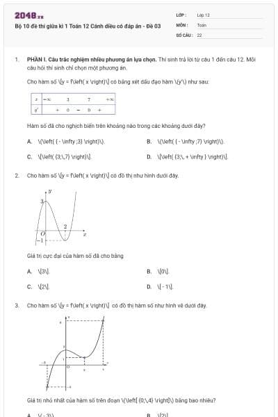 Bộ 10 đề thi giữa kì 1 Toán 12 Cánh diều có đáp án - Đề 03
