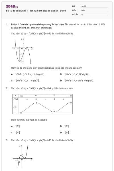 Bộ 10 đề thi giữa kì 1 Toán 12 Cánh diều có đáp án - Đề 04