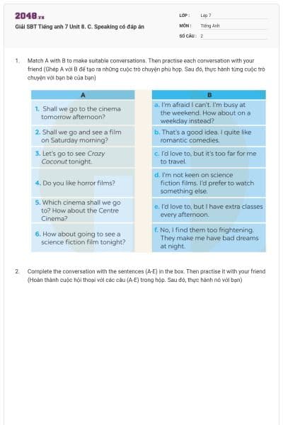 Giải SBT Tiếng anh 7 Unit 8. C. Speaking có đáp án